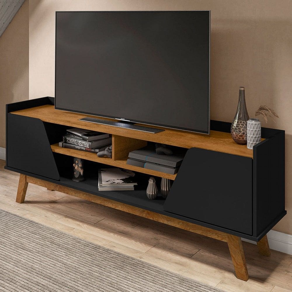 Rack para TV Até 65 Polegadas Mackenzie 2 Portas 1 Prateleira Preto Fosco/Natural - Pnr Móveis
