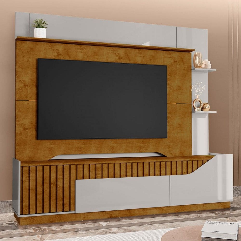 Estante para TV Até 75 Polegadas Hugo 2 Portas 1 Gaveta Ripado Naturallle/Off-White - Pnr Móveis