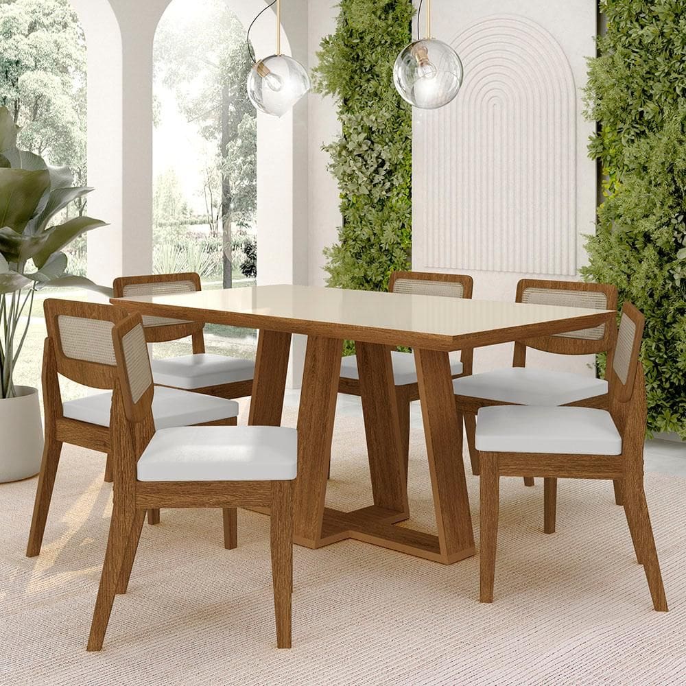 Mesa Sion 1,60 Com 6 Cadeiras Sextavada Freijó/off/corino Branco - M.a
