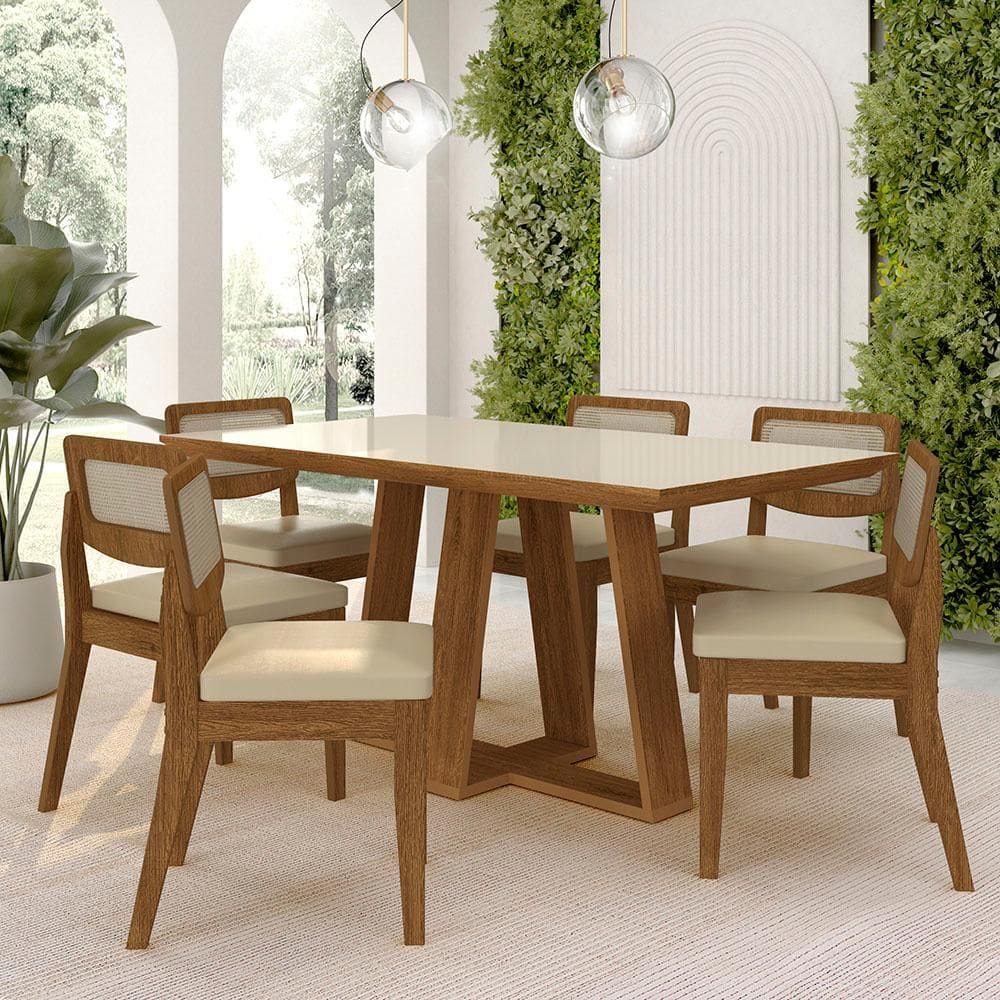 Mesa Sion 1,60 Com 6 Cadeiras Sextavada Freijó/off/corino Bege - M.a