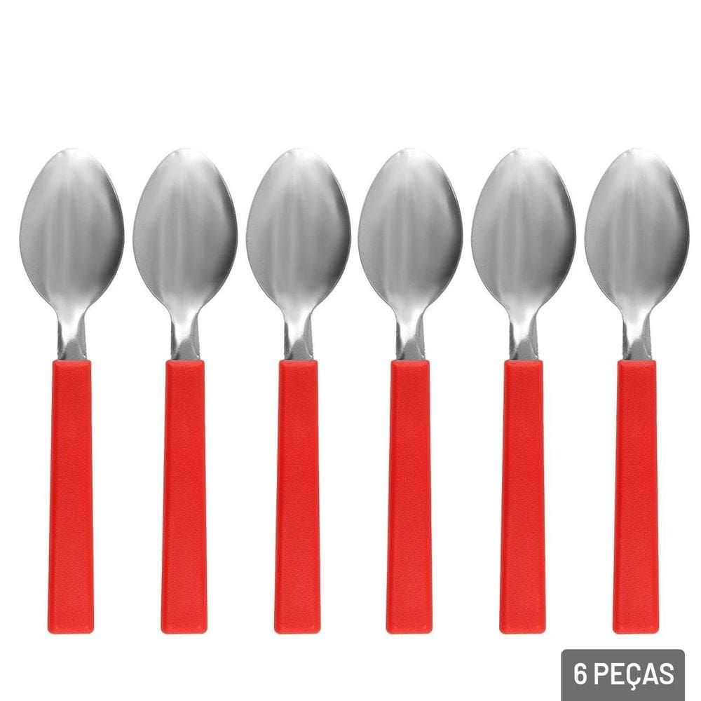 Colher de Mesa Inox 6 Pçs Cabo Plástico Vermelho - Tudo em Caixa
