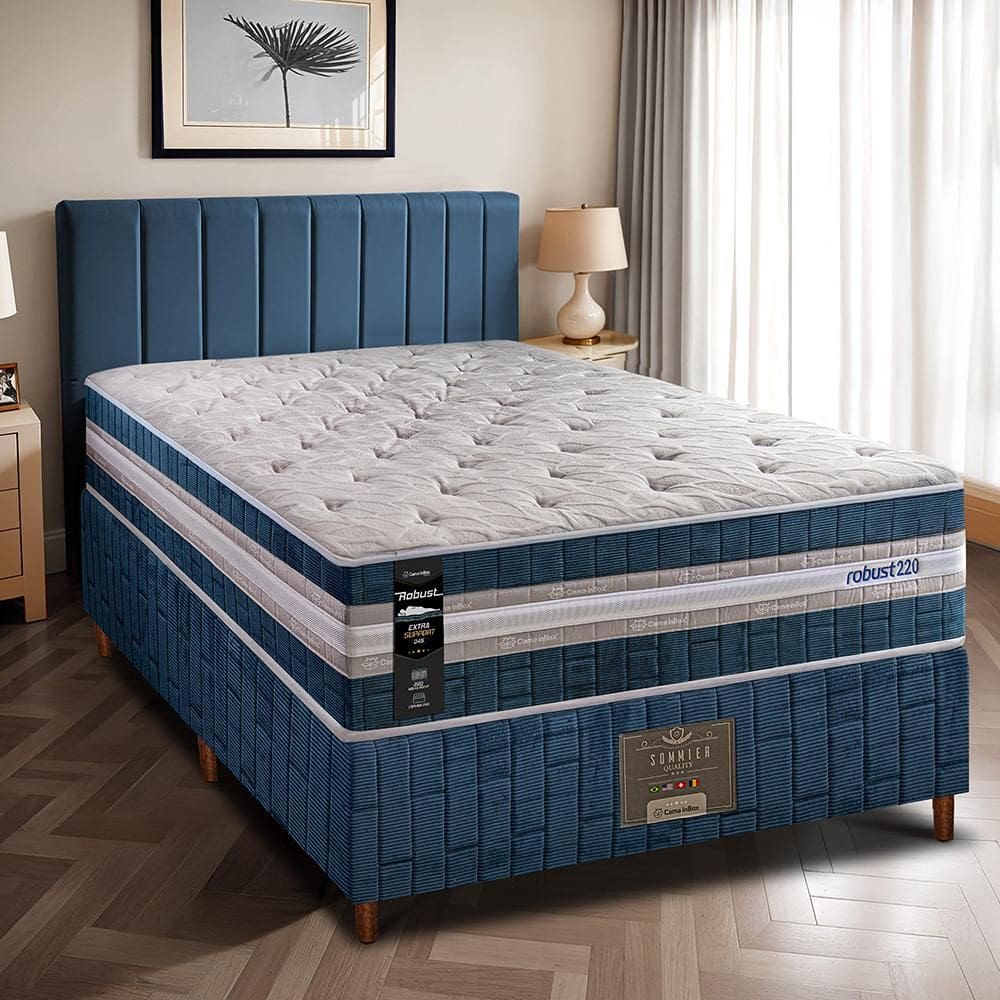 Cama Box Solteiro Colchão + Box 88x188x70 com Molas Ensacadas Robust 220 Azul Cama inBox