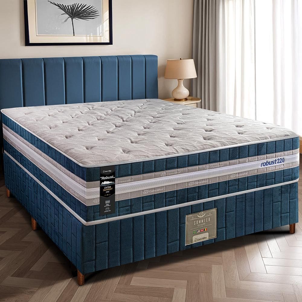 Cama Box Casal Colchão + Box 138x188x70 com Molas Ensacadas Robust 220 Azul Cama inBox
