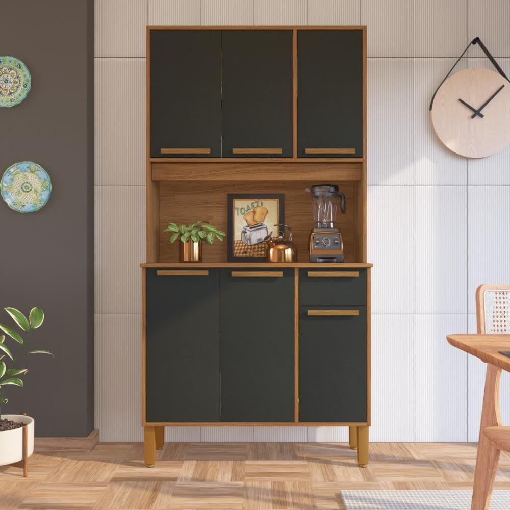 Armário De Cozinha Compacta Fidelitá Bari 90cm 6 Portas 1 Gaveta Com Tampo e Fundo Freijó/Preto