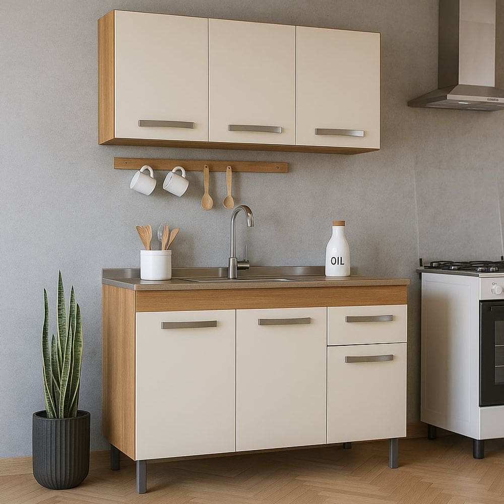 Kit Balcão de Pia e Armário Aéreo 1,20m Cozinha Freijó Off-White
