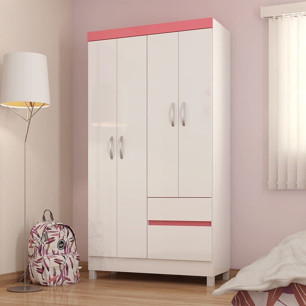 Guarda Roupa Roupeiro 04 Portas Lotus Branco Rosa Flex Demóbile