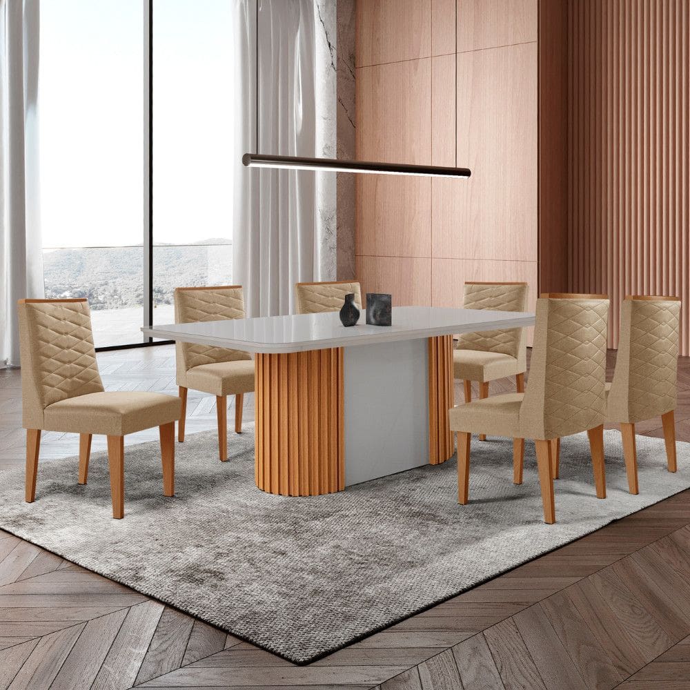 Mesa de Jantar Aspen 180cm Tampo MDF Vidro com 6 Cadeiras Safira Moderna Mobília
