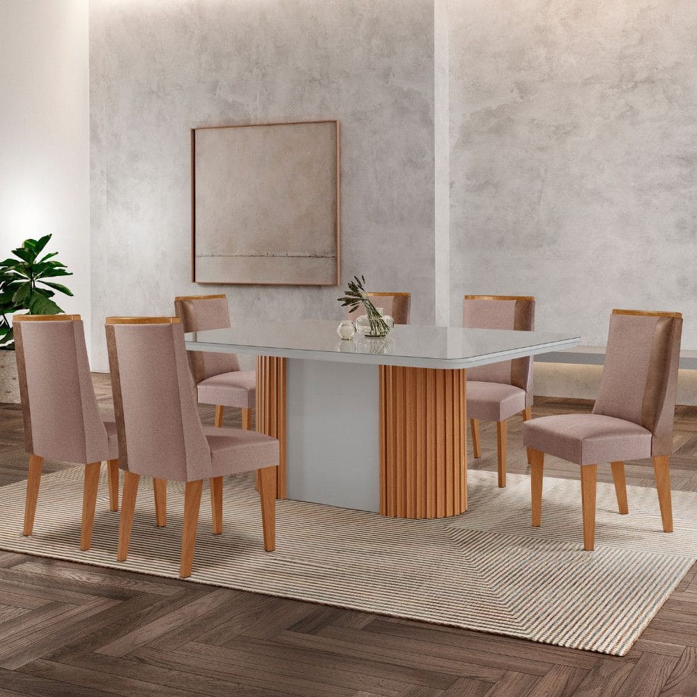 Mesa de Jantar Aspen 180cm Tampo MDF Com Vidro com 6 Cadeiras Diane Moderna Mobília