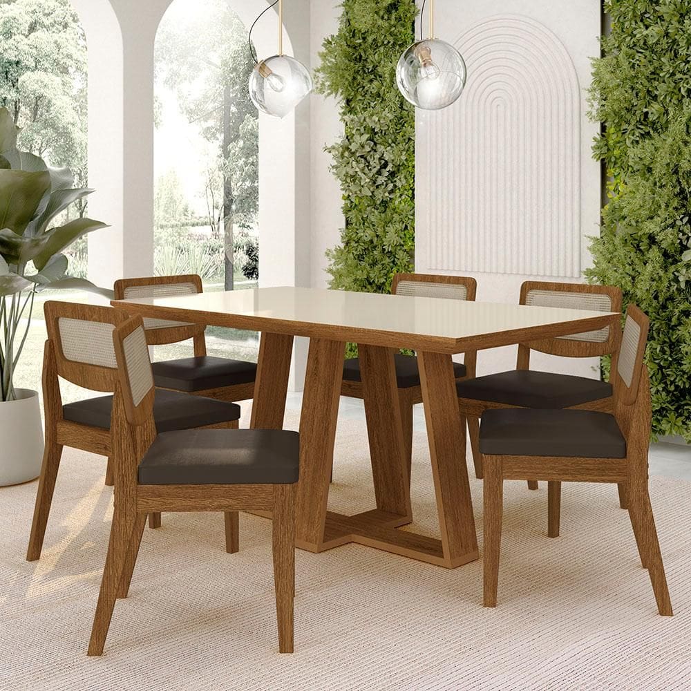 Mesa Sion 1,60 Com 6 Cadeiras Sextavada Freijó/off/corino Marrom - M.a