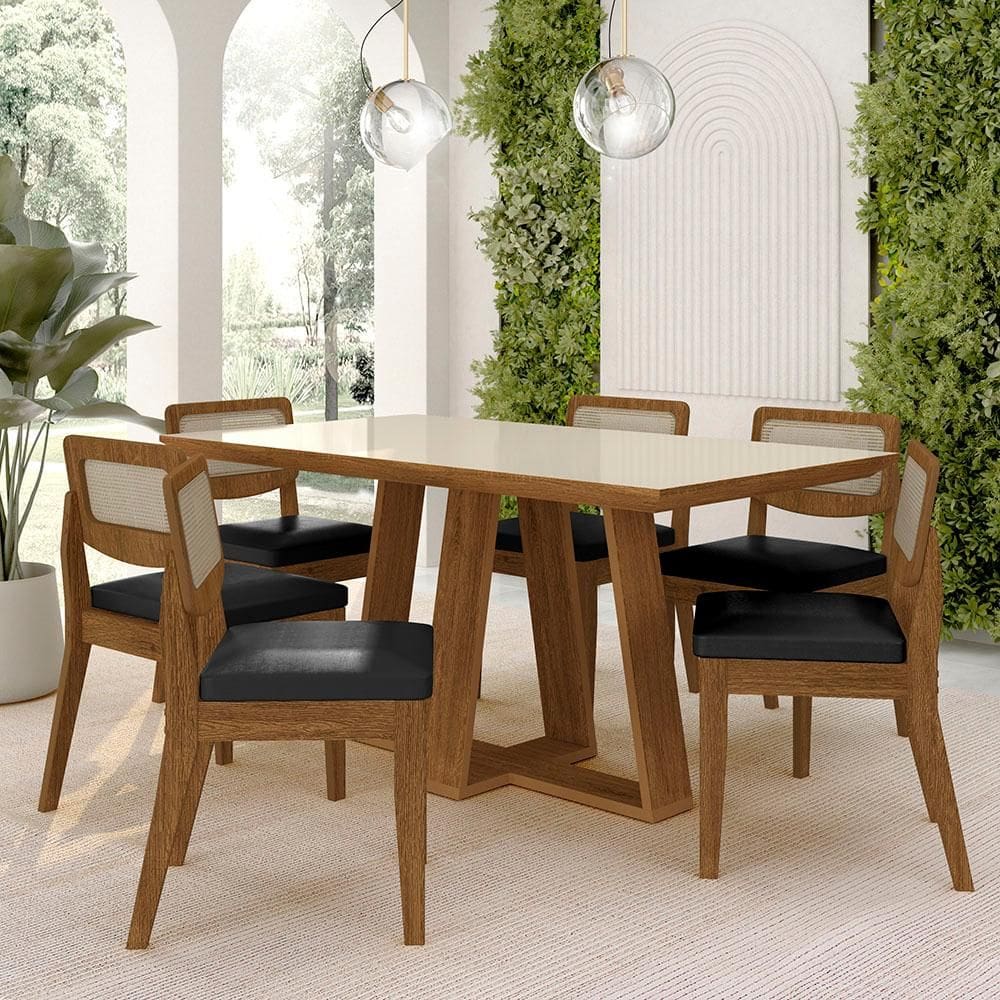 Mesa Sion 1,60 Com 6 Cadeiras Sextavada Freijó/off/corino Preto - M.a