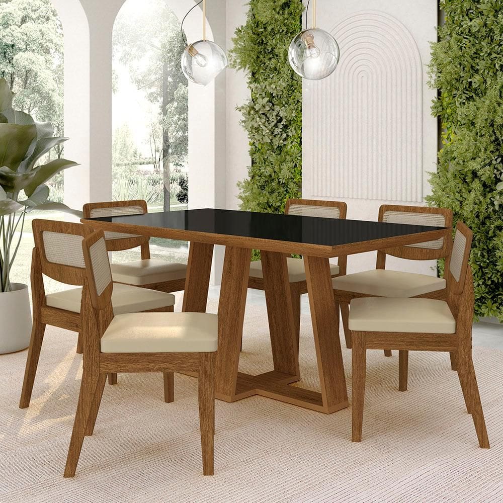 Mesa Sion 1,60 Com 6 Cadeiras Sextavada Freijó/pto/corino Bege - M.a