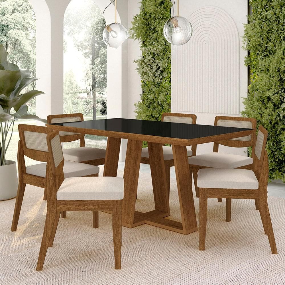 Mesa Sion 1,60 Com 6 Cadeiras Sextavada Freijó/pto/bouclé Off - M.a
