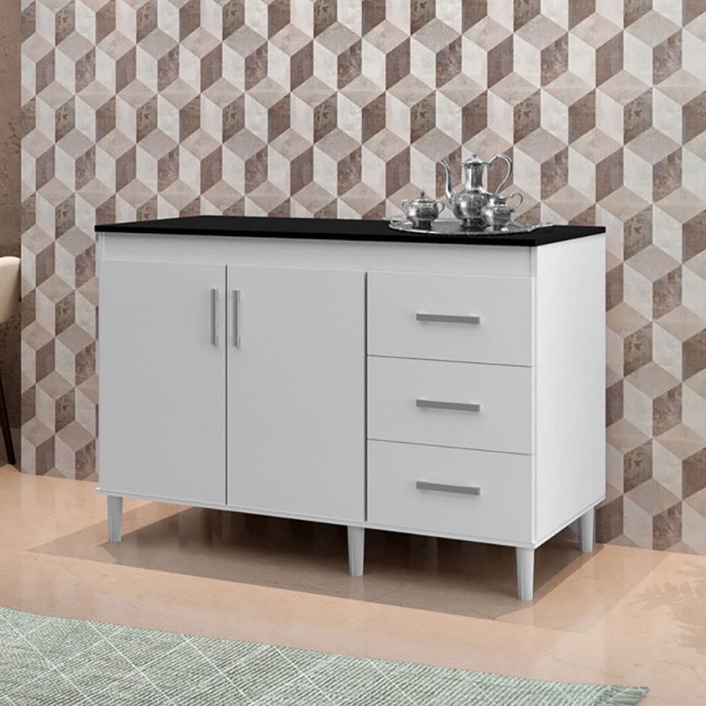 Balcão de Cozinha Salen 2 Portas 3 Gavetas Branco/Preto - Pnr Móveis
