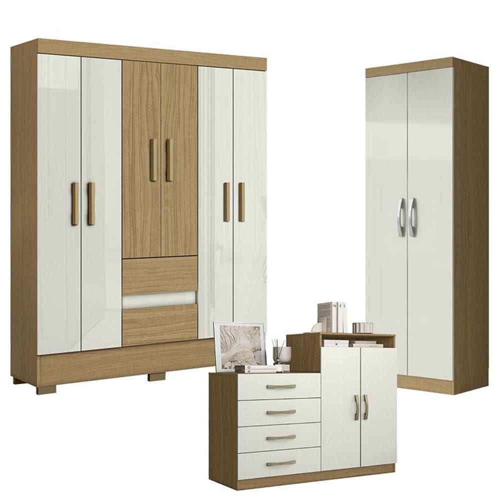 Guarda Roupa Casal Coimbra 2005138 com Armário Multiuso New 2000192 e Cômoda Sapateira Londres Atacama Off White - Aramóveis