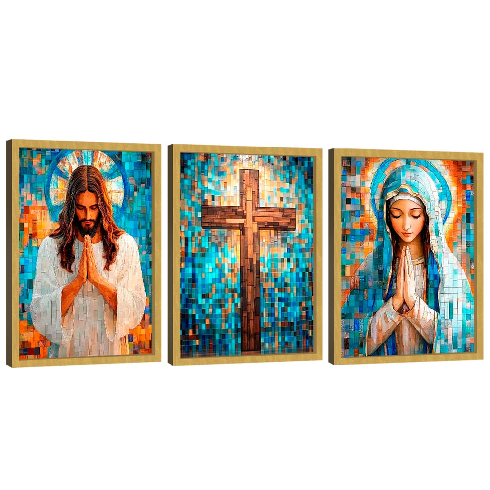 Quadro Decorativo Jesus e Maria em Grid Art
