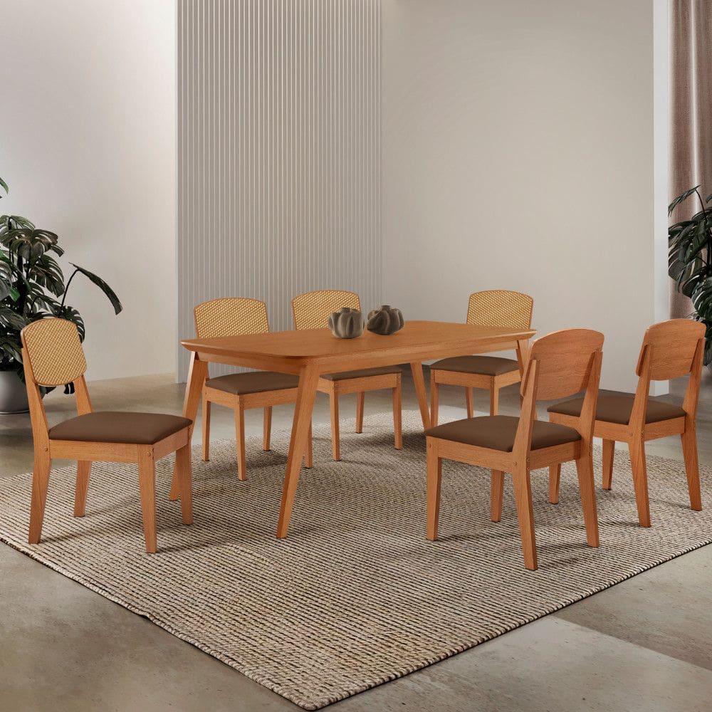Mesa de Jantar Copper 180cm Tampo Canto Copo MDF Laminado com 6 Cadeiras Copper Premium Moderna Mobília
