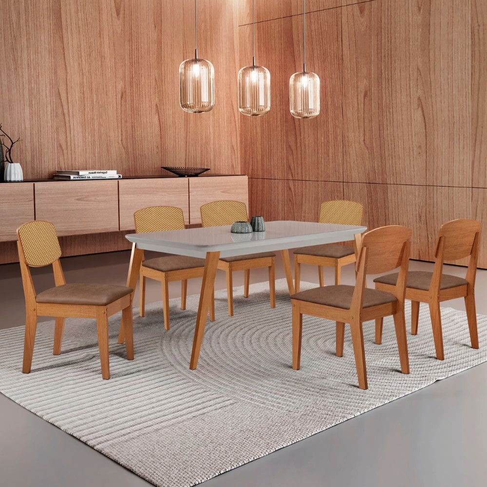 Mesa de Jantar Copper 180cm Tampo Canto Copo MDF Vidro com 6 Cadeiras Copper Premium Moderna Mobília