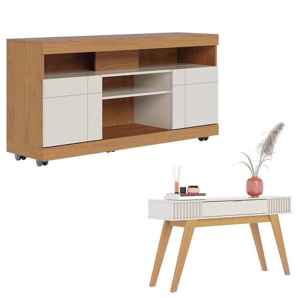 Rack Bancada Yara Freijó Off White com Aparador para Sala Riviera Off White – Colibri