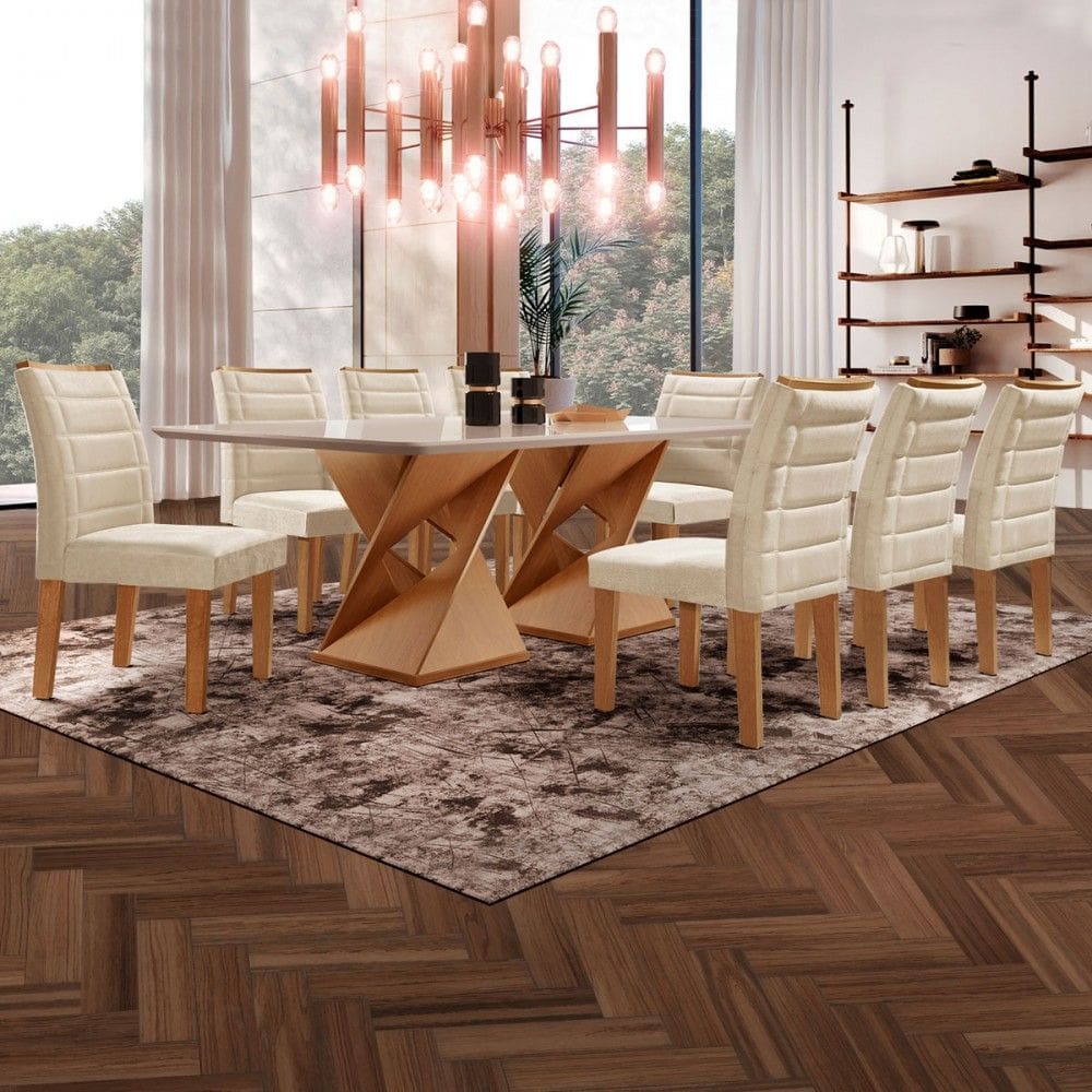 Mesa de Jantar 8 Lugares Lucerna com Vidro Cinamomo/Off White/Bege - Pnr Móveis