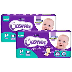 Kit 2 Fralda Cremer Magic Care Tamanho P Pacote Jumbo 30 Unidades Descartáveis cada
