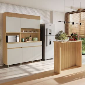 Cozinha Compacta 5 Portas 2 Gavetas com Ilha Gourmet 100% Mdf Carvalho/Greige - Nesher