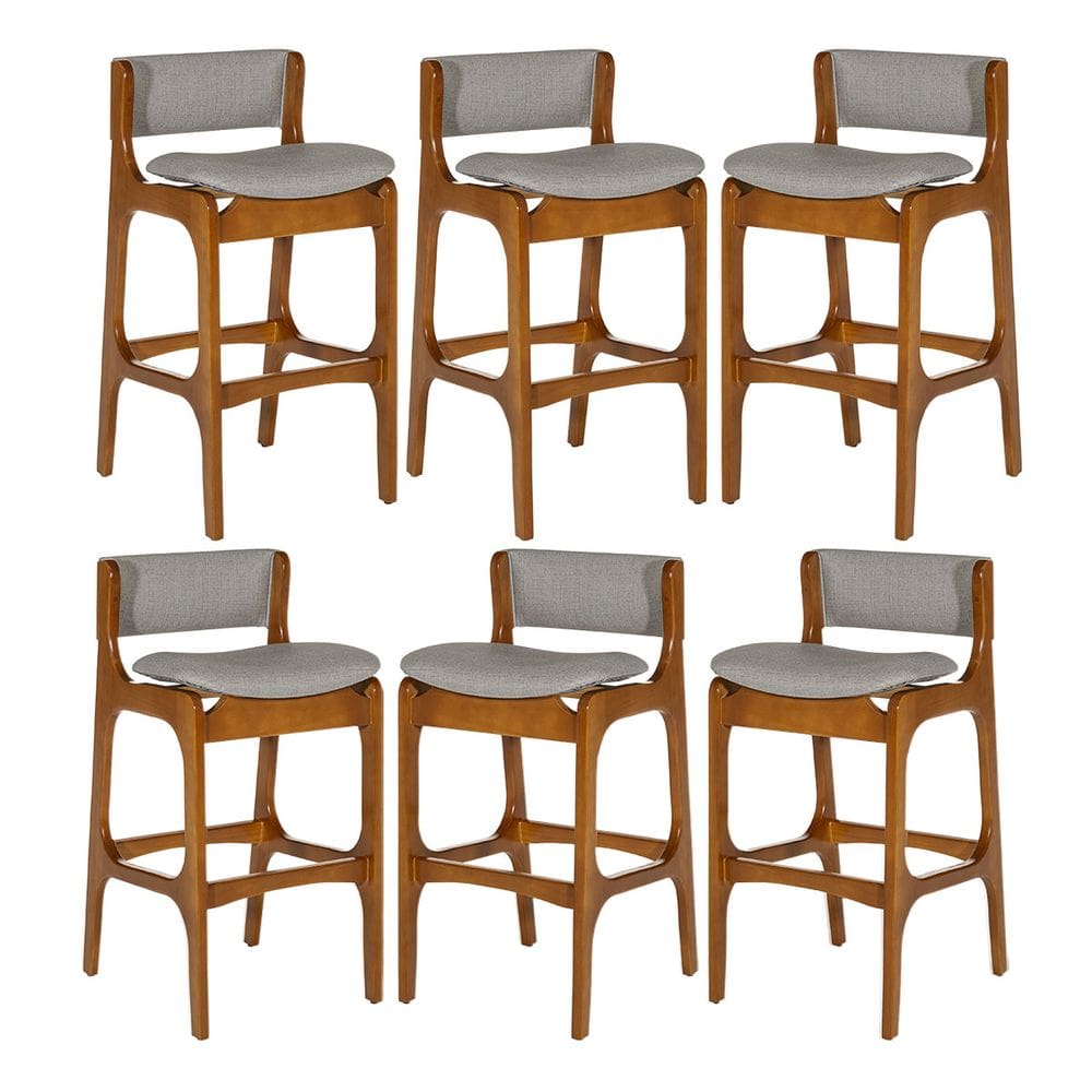 Kit 6 Banquetas Alta Ella em Madeira Estofada Facto Cinza Claro L96 RMI
