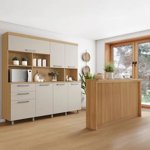 Cozinha Compacta Nobreza 7 Portas 2 Gavetas com Ilha Gourmet 100% Mdf Carvalho/Greige - Nesher