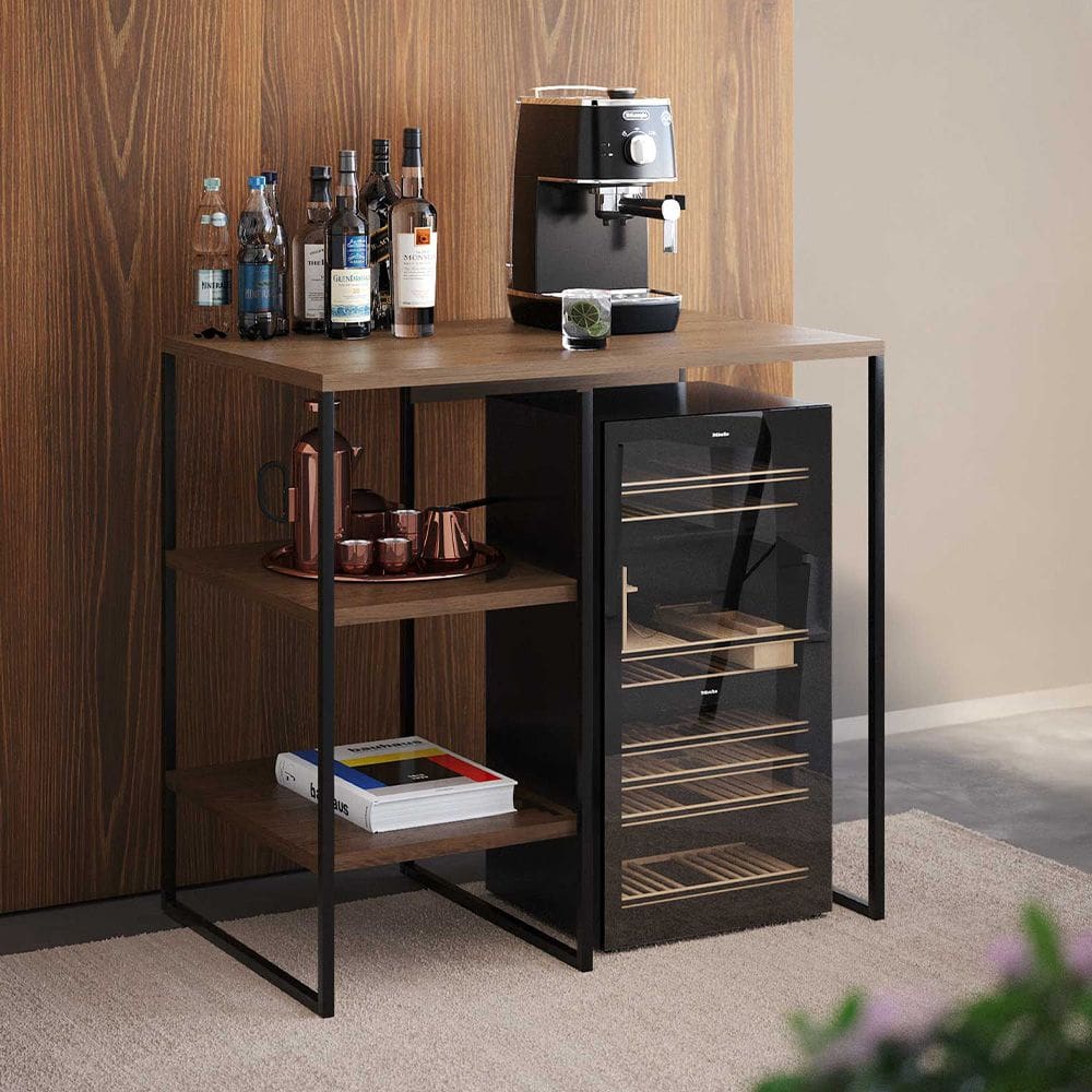 Aparador Adega Industrial Bar Barzinho Bourbon Aço Preto e Carvalho 80 Cm