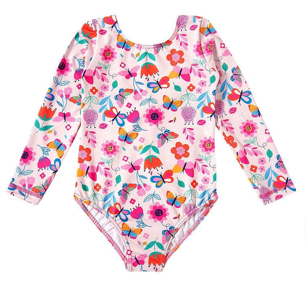 Maiô Manga Longa Infantil Proteção UV 50+ Flores Rosa Claro Tip Top