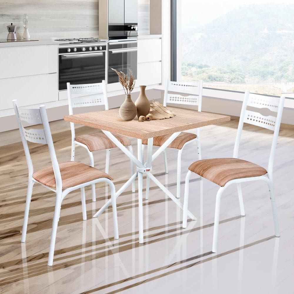 Mesa Quadrada Com 4 Cadeiras Aço 75cm Branco Carvalho Orion