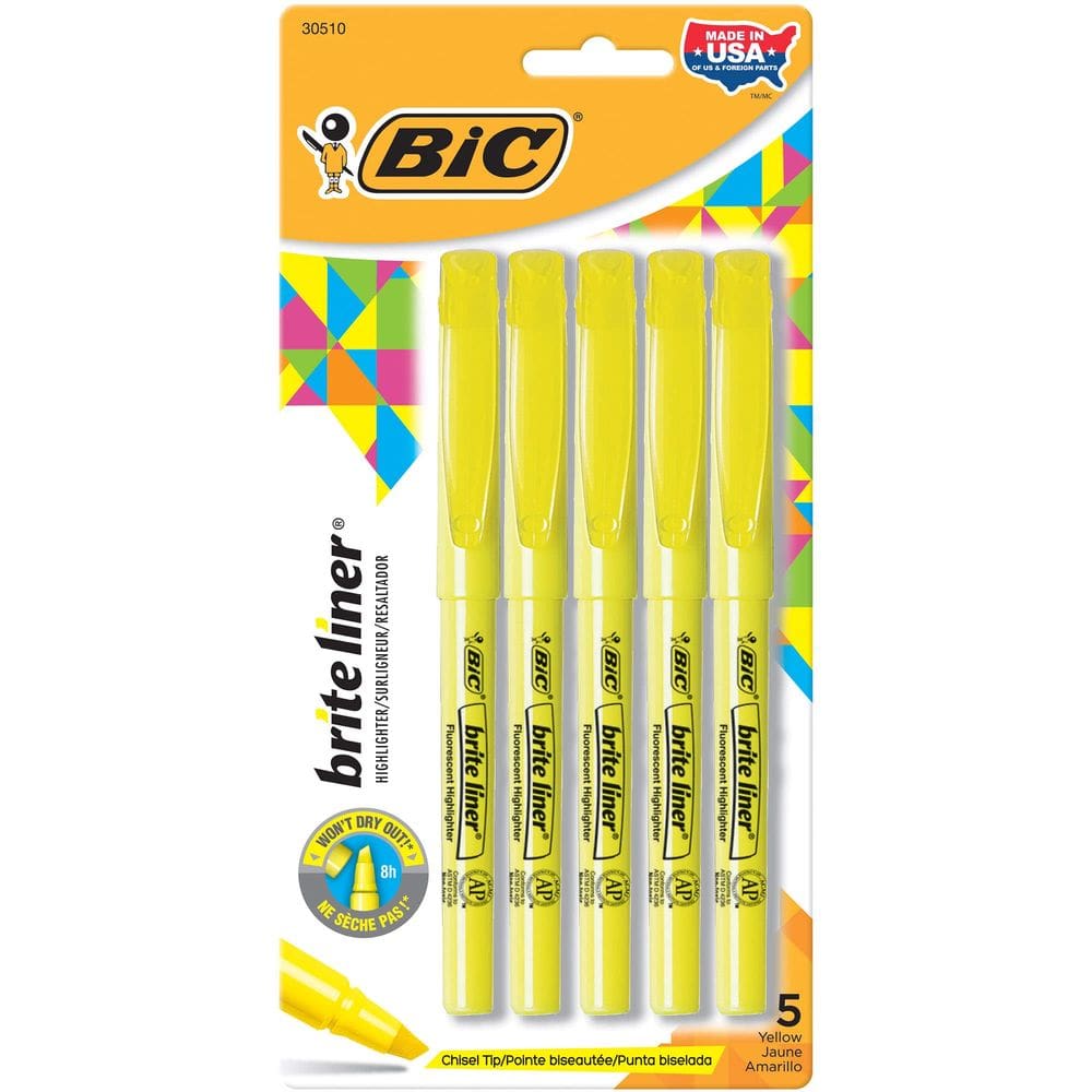 Marcadores BIC Brite Liner Chisel Point Yellow, pacote com 5