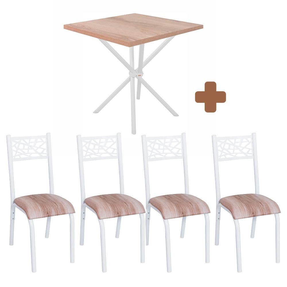 Mesa De Aço Com 4 Cadeiras Em Aço Branco Carvalho Com Estofado Capuccino Shele