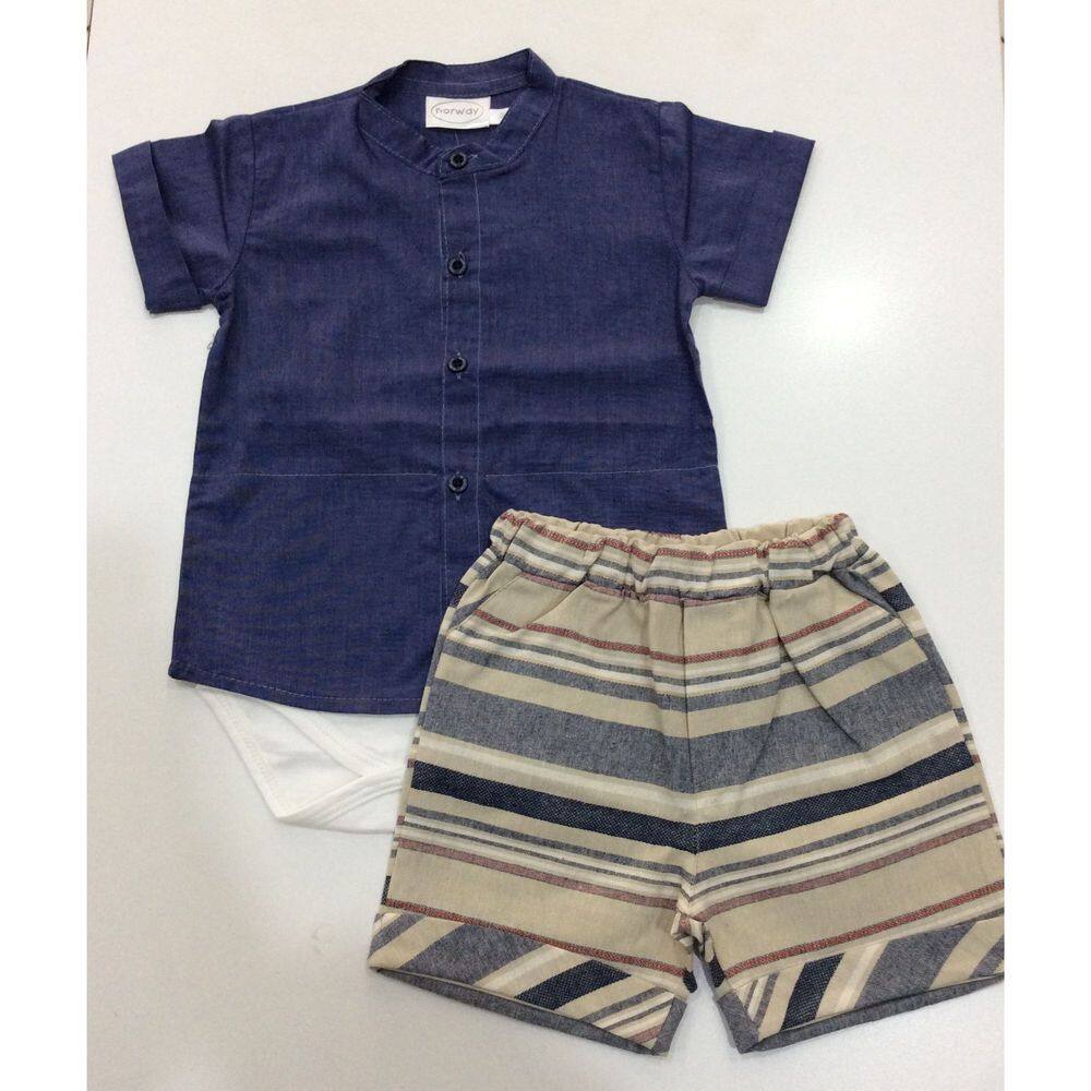 Conjunto bebê masc gola padre Noruega Jeans e listra