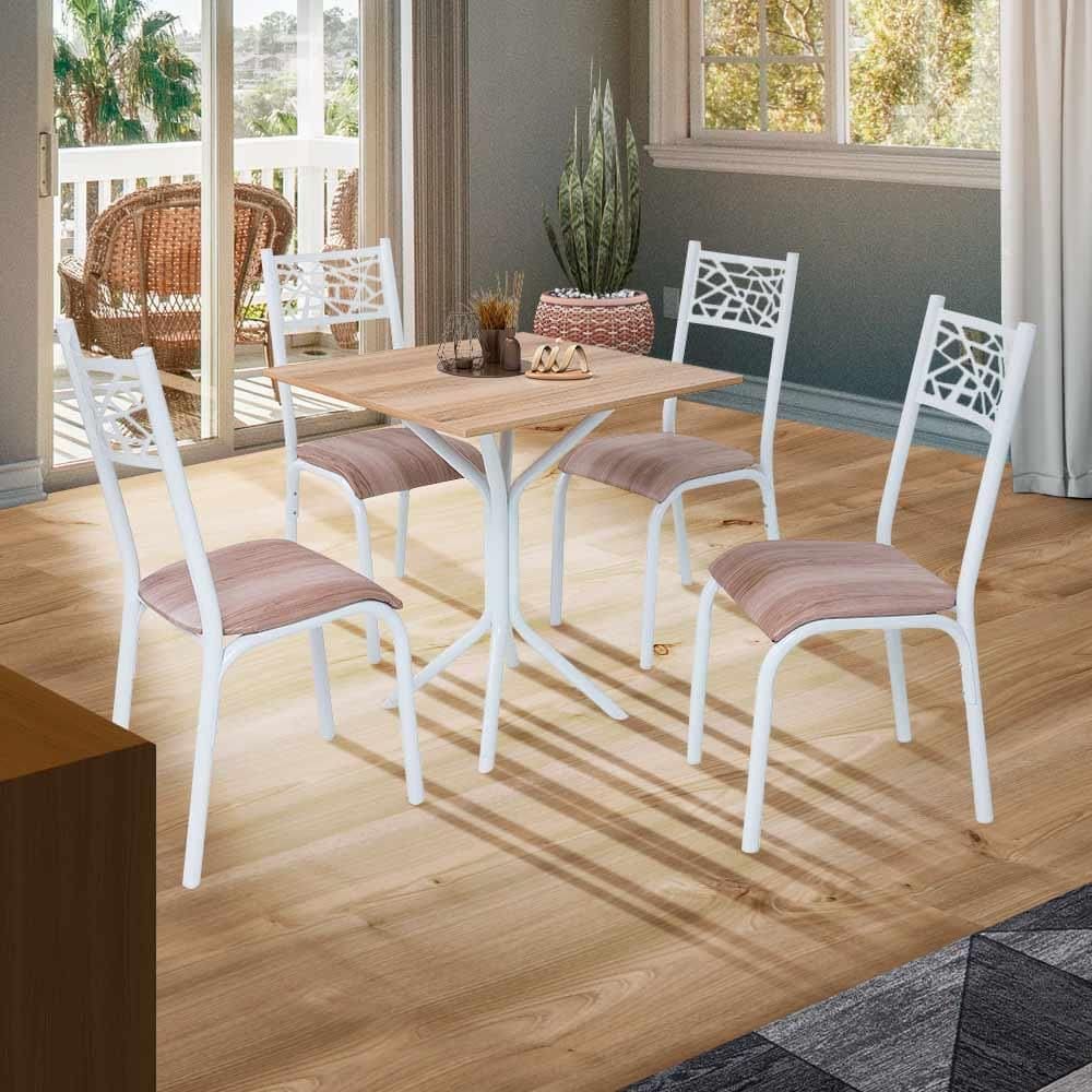 Mesa De Jantar Com 4 Cadeiras Em Aço Branco Carvalho Com Estofado Capuccino Loza