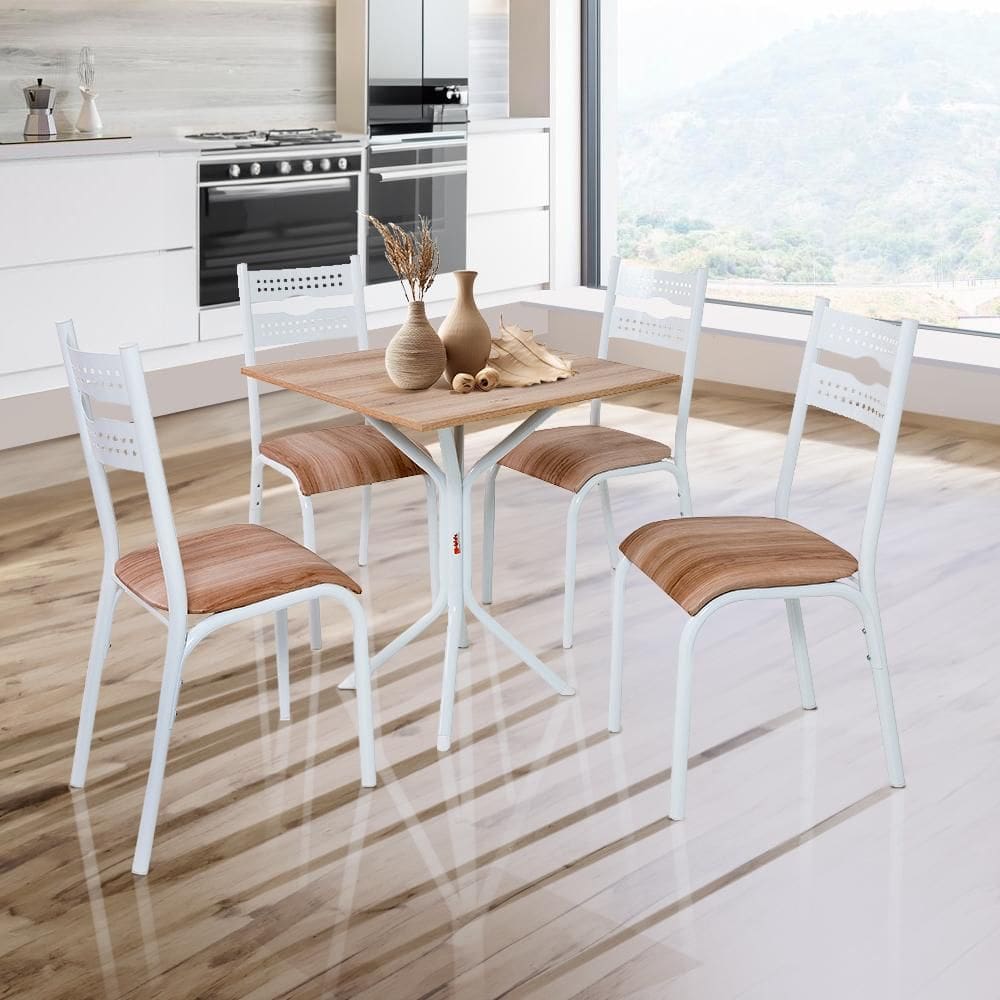 Mesa Quadrada Com 4 Cadeiras Aço 68cm Branco Carvalho Orion