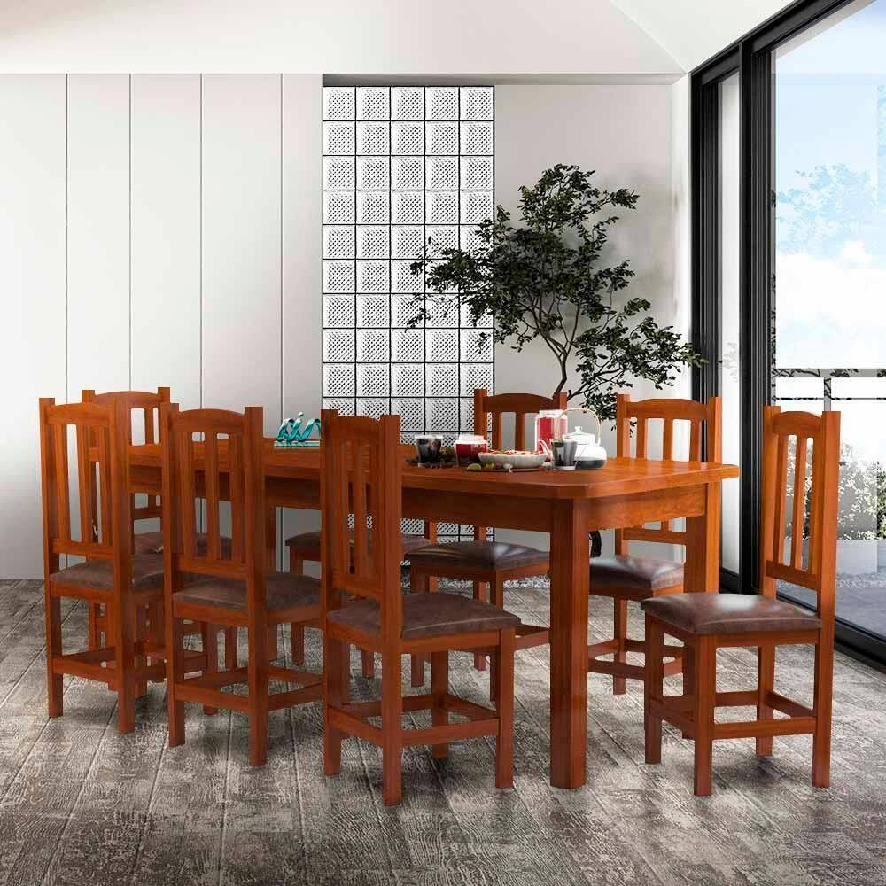 Mesa Madeira Maciça MDP Com 8 Cadeiras Estofadas 200 x 88 Castanho Serene JM Móveis