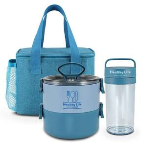 Kit Bolsa Térmica Pote Marmita De 2 Andares 1600ml E Garrafa - Jacki Design Azul