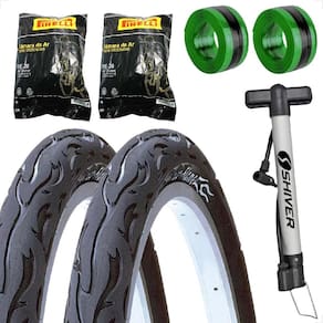 Par Pneu Bicicleta Kenda Flame Balão Aro 26 x 2.125 Liso Fogo + Par Camara Pirelli Bomba fita