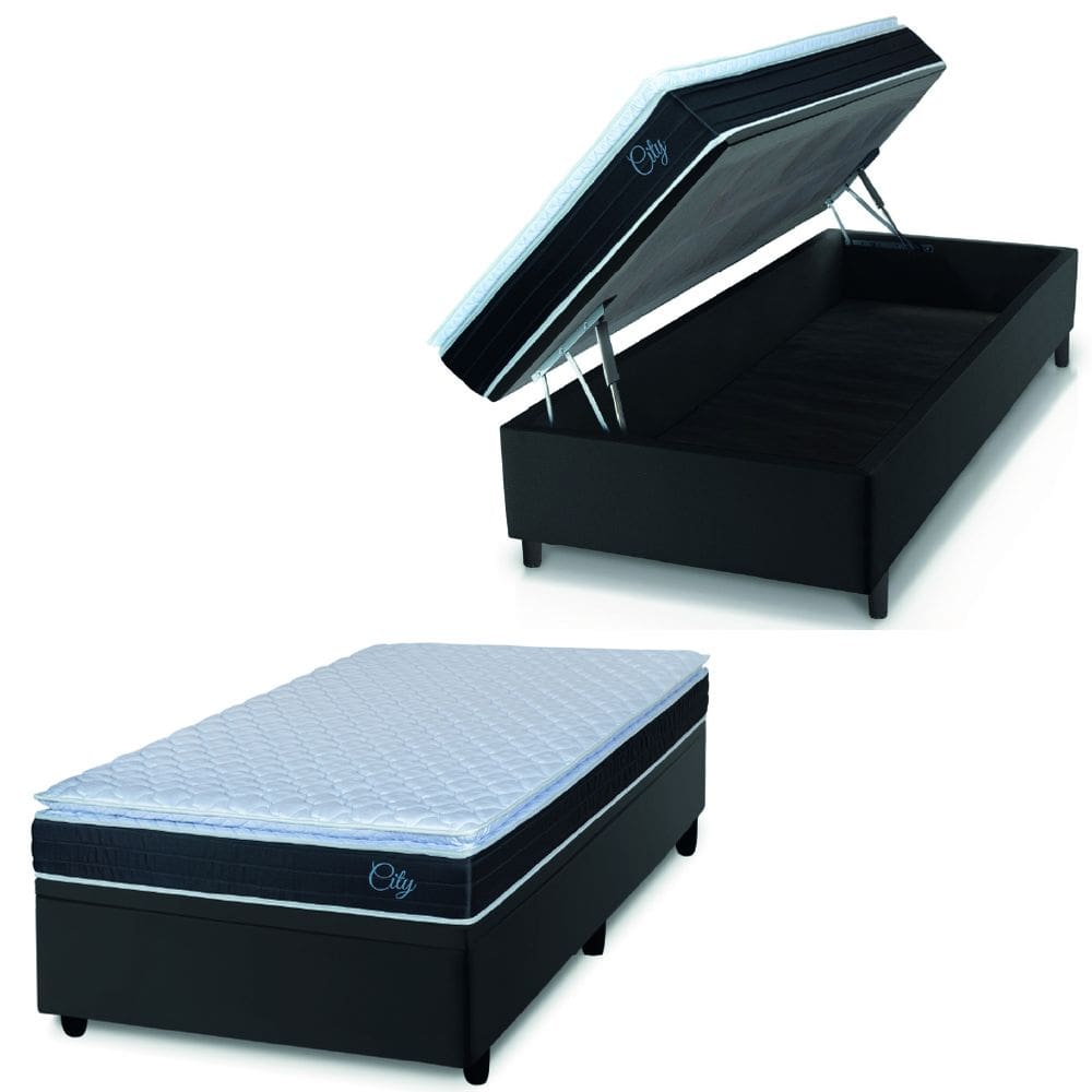 Cama Box Baú Solteiro Colchão Com Molas Ensacadas City Pillow Top 88x188x64cm Preto/Branco Hellen