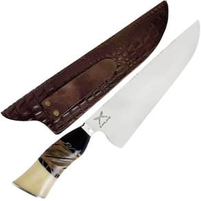 Faca Larga Picanheira 10` Inox Artesanal Churrasco Cabo Misto Trabalhado Madeira Osso Resina