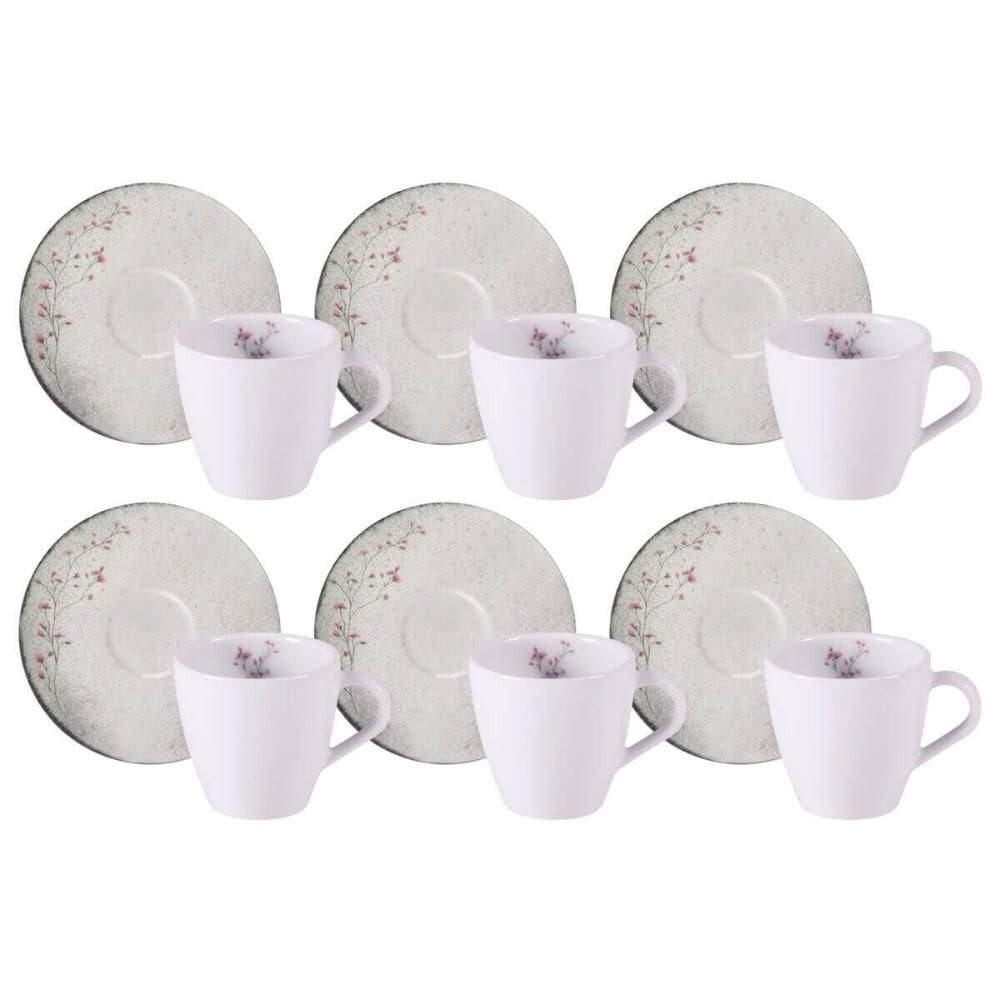 Jogo 6 Xícaras de Chá com Pires 200ml Porcelana Decorada Tramontina Floralis Mesa Posta