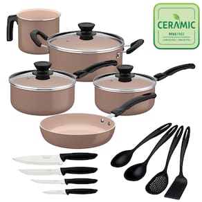 Jogo de Panelas com Utensílios e Facas Tramontina Revestimento Cerâmico 13 Peças Évora cor Capuccino