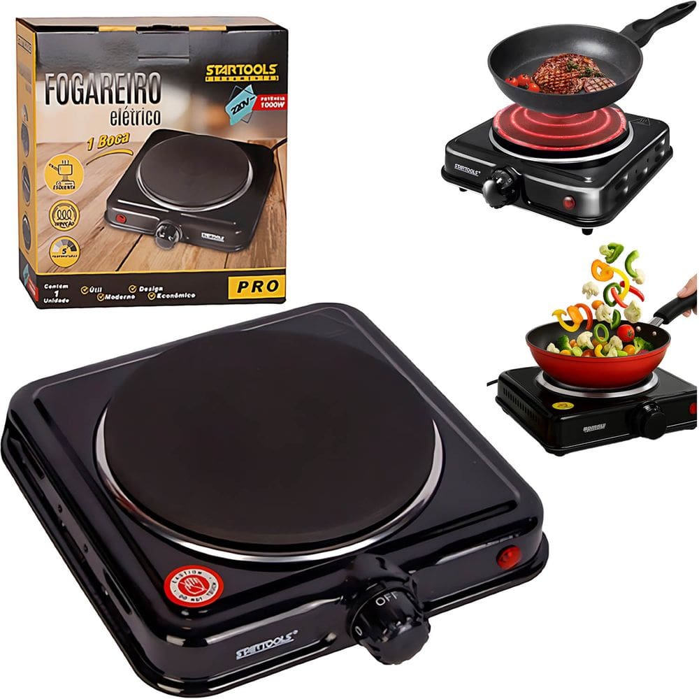 Fogão Pequeno Elétrico Cooktop 1 Boca 1000W - 220V Portátil 5 Temperaturas Compacto Viagens Cozinha