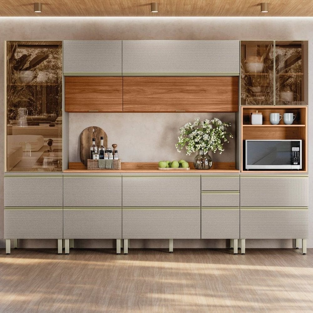 Cozinha Completa 310cm X 218,5cm Aéreo Mdf Pnl e Crt 6 Peças Proença Nogueira/Nude Prime