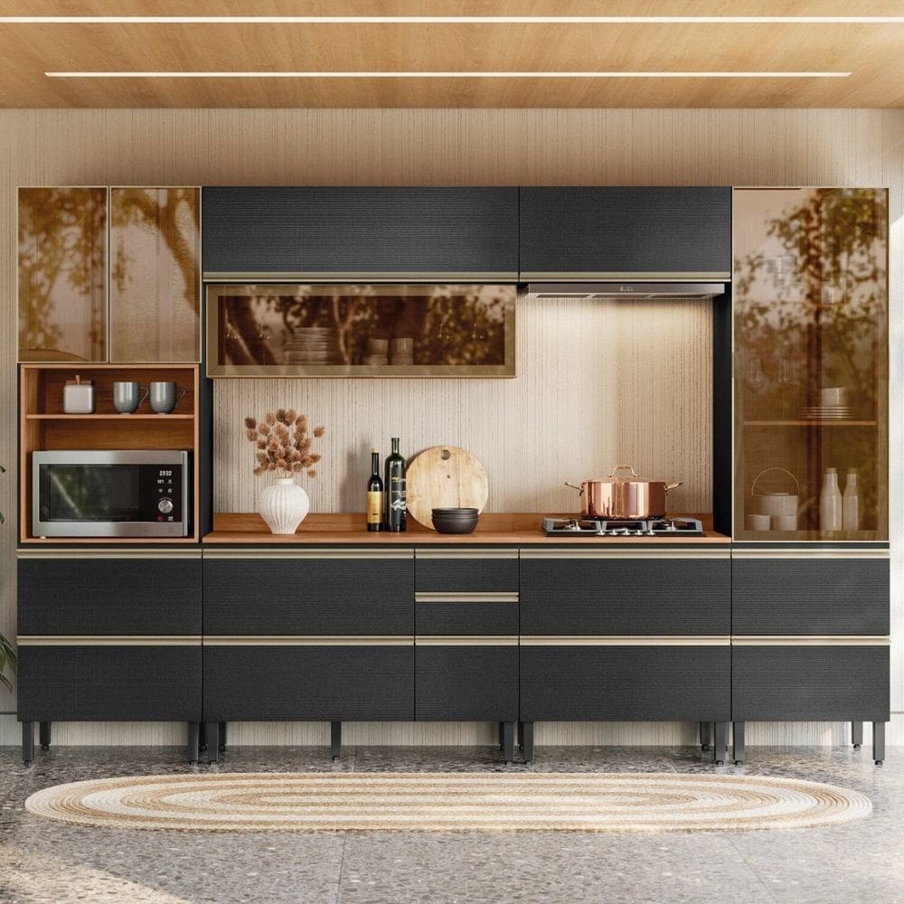 Cozinha Completa 330cm X 218,5cm Aéreo Rft Pnl e Crt 6 Peças Proença Nogueira/Carbono Prime