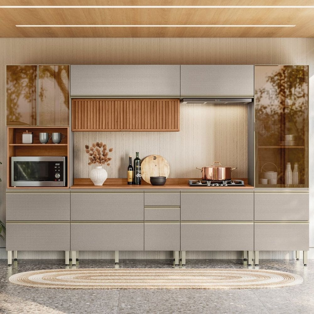 Cozinha Completa 330cm X 218,5cm Aéreo Rpd Pnl e Crt 6 Peças Proença Nogueira/Nude Prime