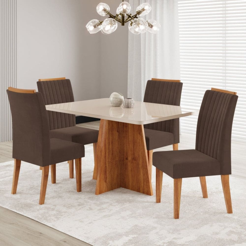 Conjunto Sala de Jantar 120x77,8cm Tampo com Vidro e 4 Cadeiras Tannat Mel/Off White/Bombom