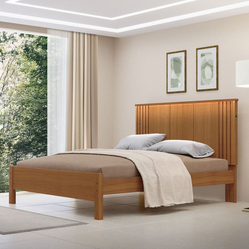 Cama de Casal 100% Mdf com Led 123cm X 175cm Duo Freijó