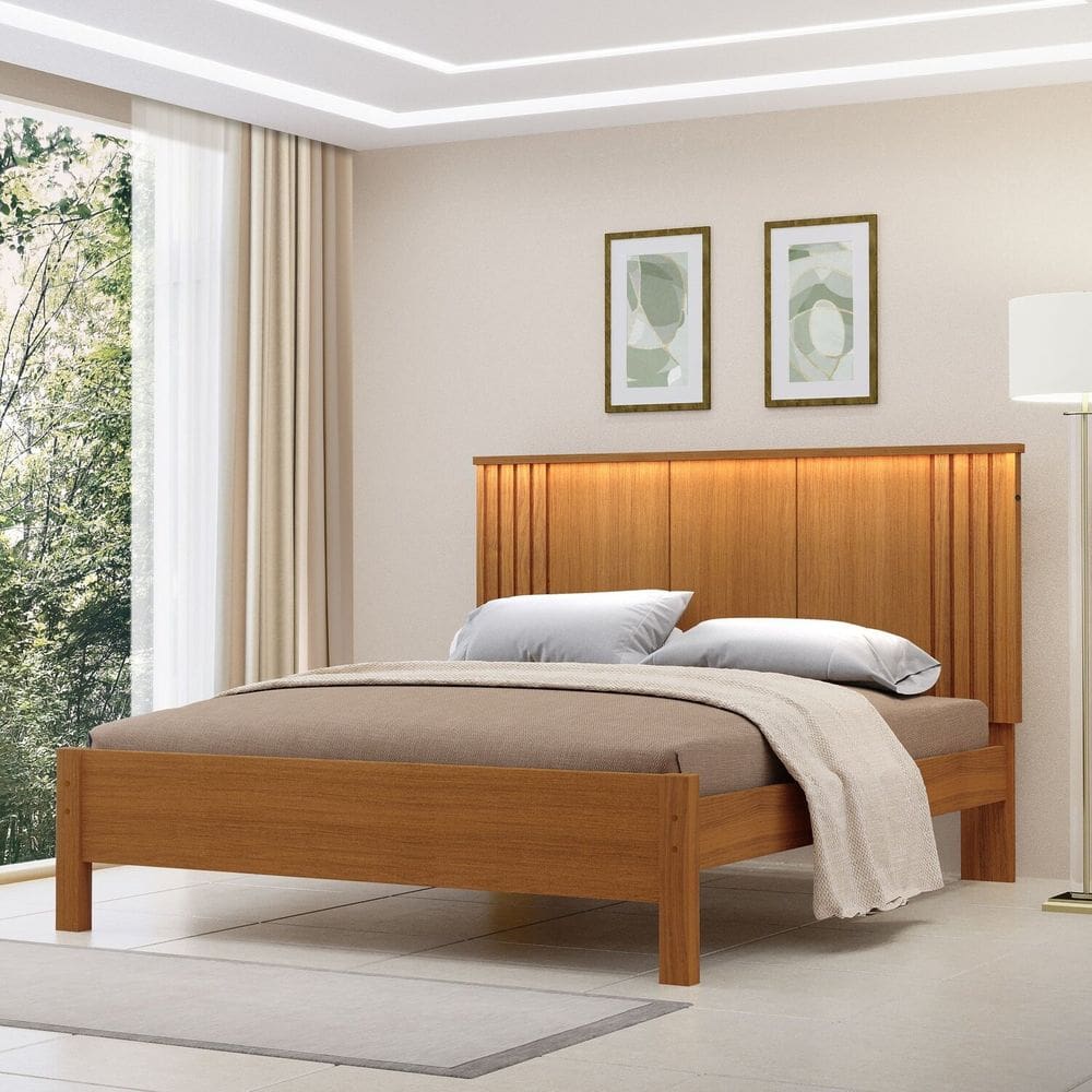 Cama de Casal 100% Mdf com Led 123cm X 175cm Duo Freijó