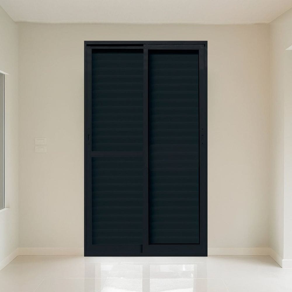 Porta Veneziana 3 Folhas Vidro Segurança 0,6cm 200cm X 215cm Fábrica do Alumínio Preto